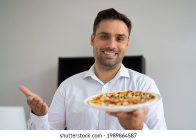 Online Virtual Cooking Class. Happy Man Showing Pizza