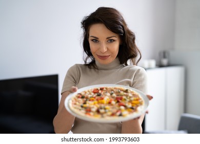 Online Virtual Cooking Class. Happy Woman Showing Pizza