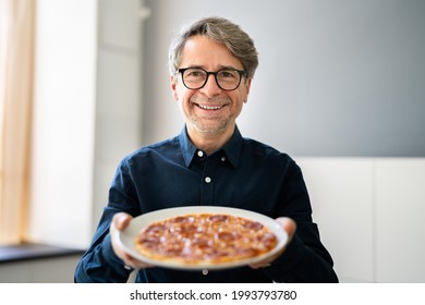 Online Virtual Cooking Class. Happy Man Showing Pizza