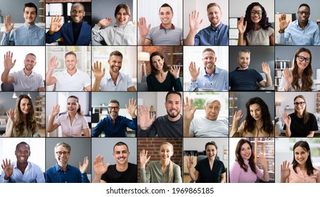 Online Virtual Video Conference Call. Group Of People Waving Goodbye