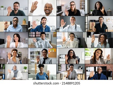 Online Virtual Video Conference Call. Group Of People Waving Goodbye