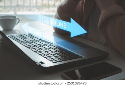 Online vs Offline sales or marketing strategy concept. Businesswoman using virtual screen: ONLINE VS OFFLINE. Transition from offline to online (or vice versa) in commerce, business, work, education. - Powered by Shutterstock