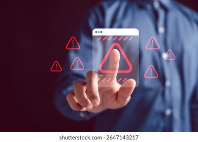 Online warning popup with digital red alert icons in virtual interface. Representing cybersecurity warning, error detection, system failure, and digital threat notifications. - Powered by Shutterstock - Get 15% off with code: PIKWIZARD15