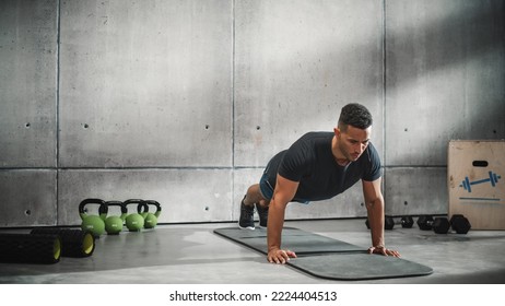 Online Workout Service: Professional Trainer Exercises, Video Tutorial, Virtual Training. Handsome Black Athletic Coach Teaching, Showing How to Do Push ups. Wide Angle Shot