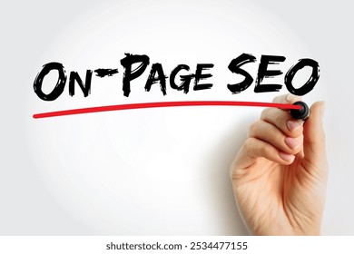 On-page SEO - process of optimizing pages on your site to improve rankings and user experience, text concept background
