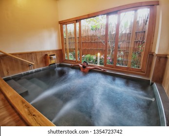 Onsen Spa, japanese onsen bath in Thailand , young men in Onsen bath ,hot pool 