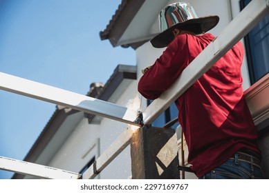 onsite builder with residentail structural work installation, concrete and steel colume and beam structure contractor professional work concept
