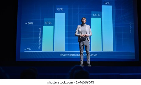 On-Stage: Speaker Does Presentation Of The New Electronic Product, Shows Infographics, Statistic Animation On Screen. Auditorium Hall Live Event, Start-up Conference, Device Presentation And Release