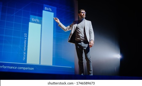 On-Stage Speaker Gives Presentation of Technological Device, Shows Infographics Animation on Big Screen. Auditorium Hall Live Event, Product Release, Start-up Conference. Low Angle - Shutterstock ID 1746589673