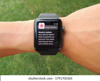 Ontario / Canada - August 07 2020: Canada's COVID Alert Contact Tracing App Giving An Alert On An Apple Watch