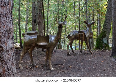 Ontario, Canada - October 10, 2021: Robert Cram's Whitetail Deer, Polished Bronze Sculptures