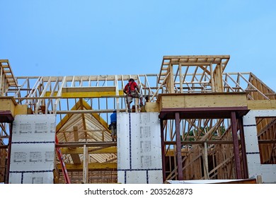 Ontario, Canada - September 2, 2021:  House Under Construction, With The Main Frame Nearing Completion.