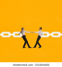 ontemporary art collage. Two women, employees holding hands and connecting chain together symbolizing teamwork. Togetherness. Working way to success. Concept of business, team, help, support