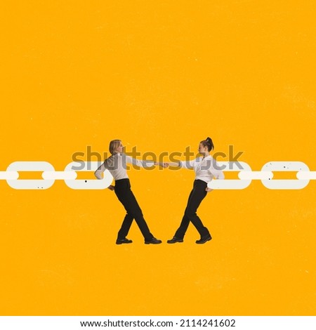 ontemporary art collage. Two women, employees holding hands and connecting chain together symbolizing teamwork. Togetherness. Working way to success. Concept of business, team, help, support
