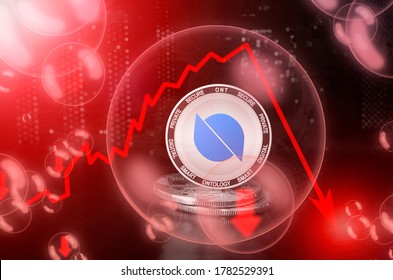 Ontology ONT coin in a soap bubble. Risks and dangers of investing to Ontology cryptocurrency. Collapse of the exchange rate. Unstable concept. Down drop crash bubble - Shutterstock ID 1782529391