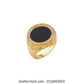 Onyx Ring On A White Background. Gold Ring With Black Enamel Isolated On White Background. Original Ring.Diamonds And Black Onyx Jewelry.