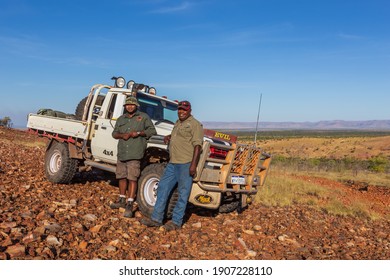 Oombulgurri, WA, Australia - Sep 2, 2014: Australian Indigenous Community Leaders Stand By There Four Wheel Drive Vehicle On The Carson River Track Enroute Oombulgurri.