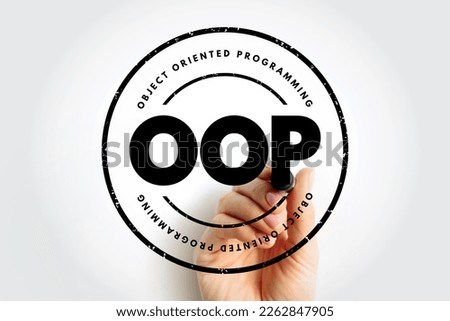 OOP Object-oriented programming - based on the concept of objects, which can contain data and code, acronym text stamp concept background
