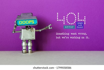 Oops 404 Fehlerseite wurde nicht gefunden. Funny robotic Spielzeugbot mit Computer-Monitor-Kopf-und Service-Fehlermeldung. violetter grauer Hintergrund