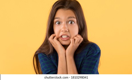 Oops. Closeup Headshot Of Surprised Girl Touching Face, Looking At Camera, Pastel Orange Wall, Banner