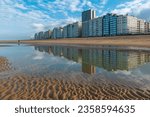 Oostende (Ostend) beach city skyline reflection, West Flanders, Belgium.