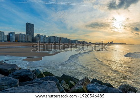 Oostende (Ostend) North Sea beach and skyline at sunset, Belgium.