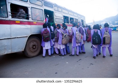 OOTY, TAMIL NADU, INDIA 05 DECEMBER 2017 : Unidentified School Children On The Road Waiting For Bus In Morning.