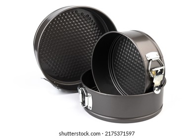 Op View On New Black Collapsible Stainless Steel Round Cooking Empty Pan For Cupcakes Isolated On White Background. Round Metal Cake Pan, Tin For Baking Cakes And Cookies. Copyspace For Text.