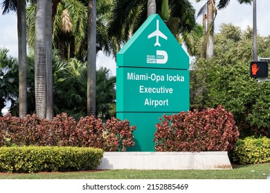 Opa Locka, FL, USA - January 2, 2022: Miami Opa Locka Executive Airport sign is shown in Opa Locka, FL, USA. Miami-Opa Locka Executive Airport is a joint civil-military airport.