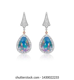 Opal With Diamond Drop Earrings Jewelry On White Isolate