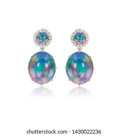 Opal With Diamond Drop Earrings Jewelry On White Isolate