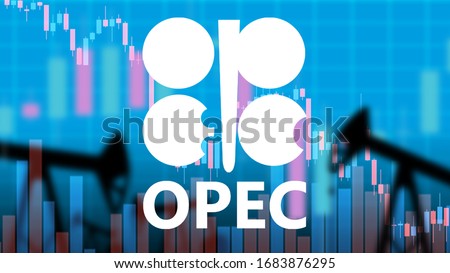 OPEC logo. Inscription OPEC on the background of falling charts. Concept - cheaper oil due to export growth. The failure of the OPEC negotiations led to a drop in oil prices. Silhouettes of oil pumps