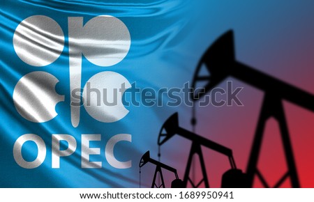 OPEC logo. OPEC on a blue background. Concept - the breakdown of talks between the oil companies. Oil rigs as a symbol of production. Silhouettes. Organization of the Petroleum Exporting Countries