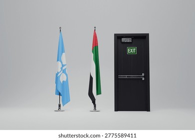 OPEC and UAE flags standing next to an exit door. Minimalist conceptual, the light blue OPEC flag and the United Arab Emirates flag next to a exit door