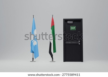 OPEC and UAE flags standing next to an exit door. Minimalist conceptual, the light blue OPEC flag and the United Arab Emirates flag next to a exit door