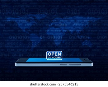 Open 24 hours icon on modern smart mobile phone screen over world map and computer binary code blue background, Business full time online service concept, Elements of this image furnished by NASA