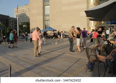 Open Air Free Swing Dance Lessons At Grand Army Plaza By The Library In The Park Slope Section Of Brooklyn On A Very Hot Summer Evening NY July 9 2019