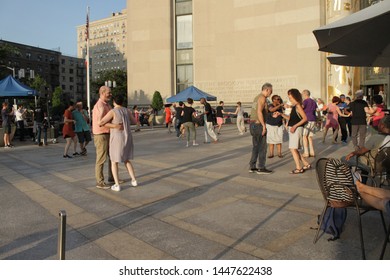 Open Air Free Swing Dance Lessons At Grand Army Plaza By The Library In The Park Slope Section Of Brooklyn On A Very Hot Summer Evening NY July 9 2019