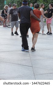 Open Air Free Swing Dance Lessons At Grand Army Plaza By The Library In The Park Slope Section Of Brooklyn On A Very Hot Summer Evening NY July 9 2019