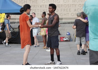 Open Air Free Swing Dance Lessons At Grand Army Plaza By The Library In The Park Slope Section Of Brooklyn On A Very Hot Summer Evening NY July 9 2019