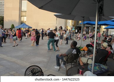 Open Air Free Swing Dance Lessons At Grand Army Plaza By The Library In The Park Slope Section Of Brooklyn On A Very Hot Summer Evening NY July 9 2019