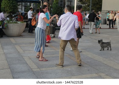 Open Air Free Swing Dance Lessons At Grand Army Plaza By The Library In The Park Slope Section Of Brooklyn On A Very Hot Summer Evening NY July 9 2019