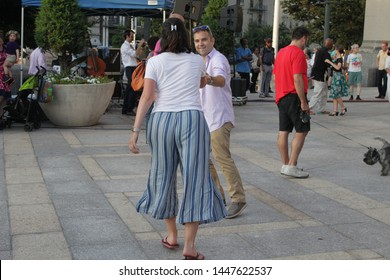 Open Air Free Swing Dance Lessons At Grand Army Plaza By The Library In The Park Slope Section Of Brooklyn On A Very Hot Summer Evening NY July 9 2019