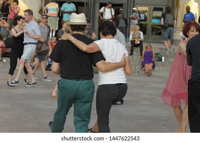 Open Air Free Swing Dance Lessons At Grand Army Plaza By The Library In The Park Slope Section Of Brooklyn On A Very Hot Summer Evening NY July 9 2019