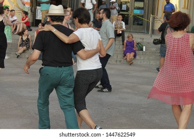 Open Air Free Swing Dance Lessons At Grand Army Plaza By The Library In The Park Slope Section Of Brooklyn On A Very Hot Summer Evening NY July 9 2019