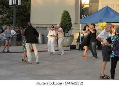 Open Air Free Swing Dance Lessons At Grand Army Plaza By The Library In The Park Slope Section Of Brooklyn On A Very Hot Summer Evening NY July 9 2019