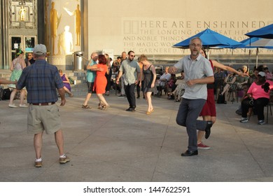 Open Air Free Swing Dance Lessons At Grand Army Plaza By The Library In The Park Slope Section Of Brooklyn On A Very Hot Summer Evening NY July 9 2019