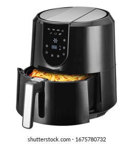 Open Air Fryer Isolated. Black  Electric Deep Fryer Side Front View. Silver Modern Domestic Household & Small Kitchen Appliances. 1800 Watts Convection Oven & 5.2 Liter Capacity Oilless Cooker