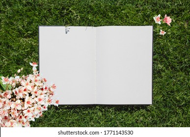 The Open Album Lies On Green Grass With Flowers In The Park. White Sheet On Lawn, Free Space For Your Design, Mock Up