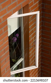 Open Apartment Window With A Plant Inside, Brick Wall, Background With Architecture Decoration Details